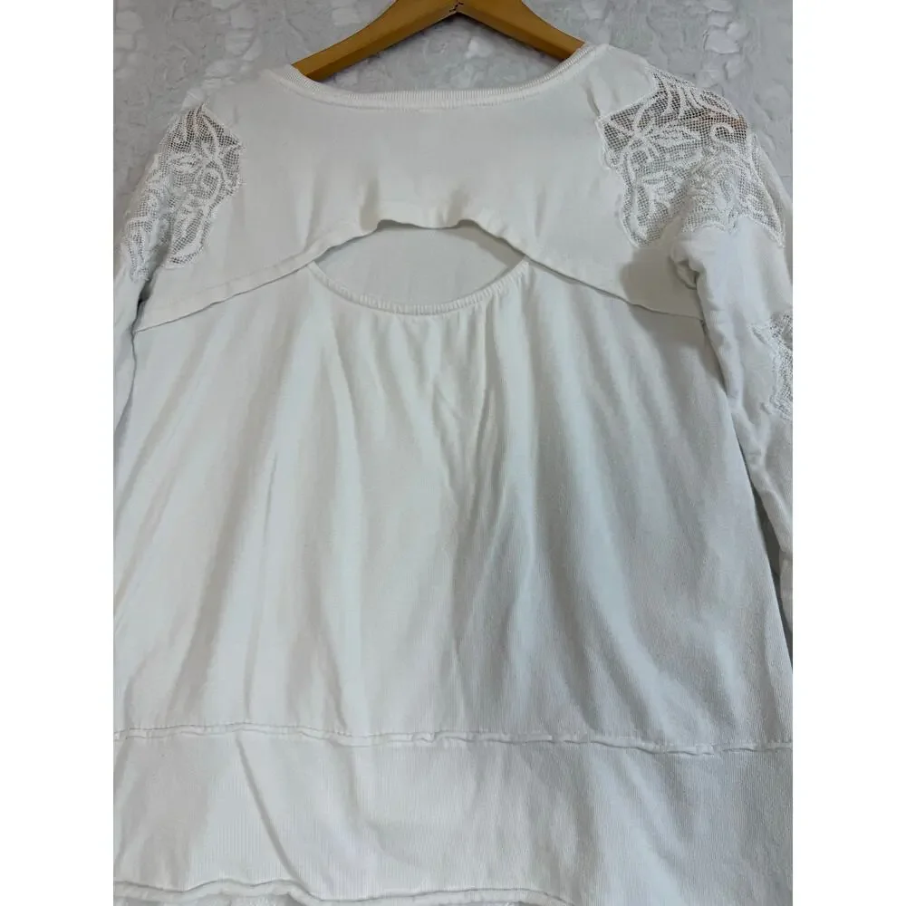 Free People Outer Sunset Ivory White Lace Insert Long Sleeve Boho Knit Top XS - Picture 13 of 16